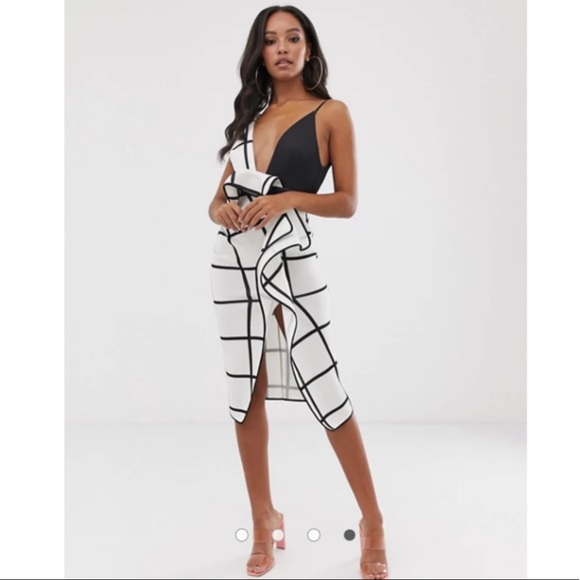 ASOS DESIGN mono grid check waterfall pencil dress - Picture 2 of 4